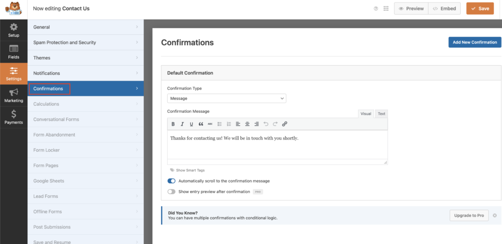 Setting Up confirmations for Contact Form